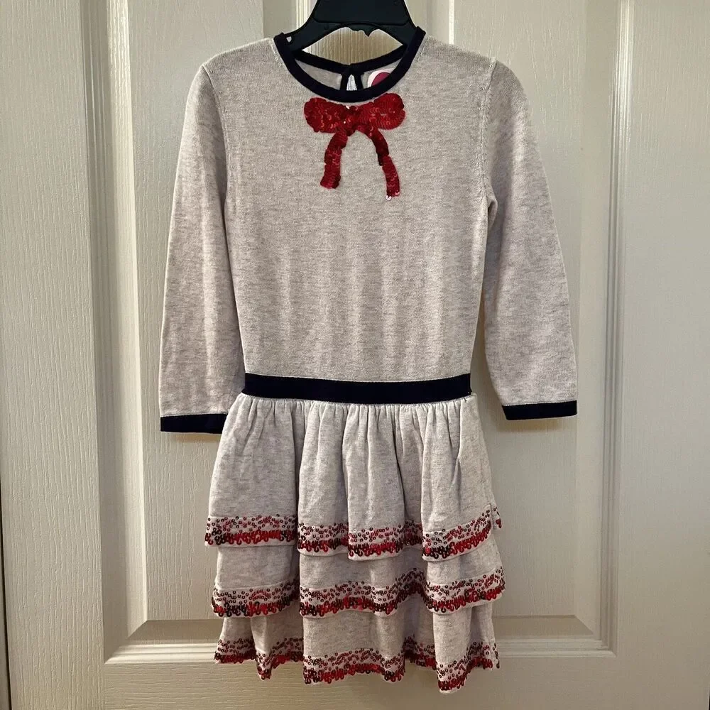 Mini Boden Tiered Ruffle Sequin Bow Sweater Knit Dress Christmas Girls Size 4-5